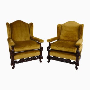 Poltrone in legno di noce intagliato con rivestimento in velluto a fiori, XIX secolo, set di 2