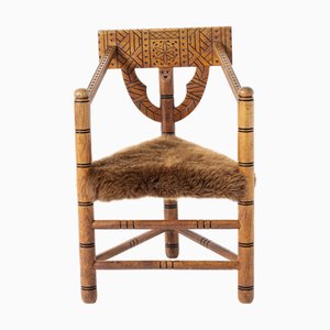 Hand-Carved Monk Chair with Brown Sheepskin Upholstery, Sweden, 1960s
