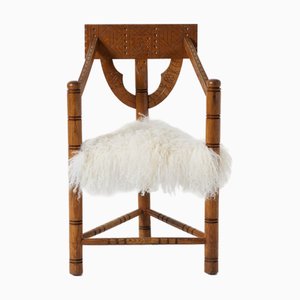 Hand Carved Monk Chair in Ivory Mongolian Sheepskin, 1960s