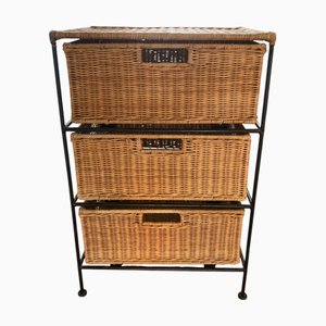 Vintage Wicker Chest of 3 Drawers with Wrought Iron Frame, 1950s