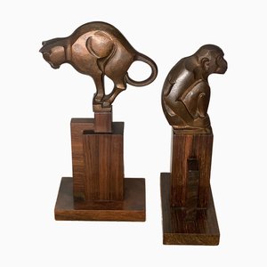 Johannes Bosma, Art Deco Statues of an Ape and a Cat, 1920s-1940s, Bronzes on Wooden Bases, Set of 2