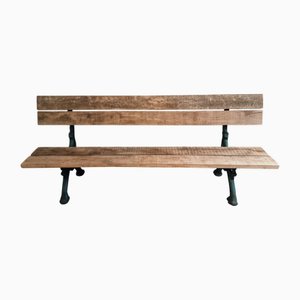 Antique French Cast Iron & Oak Park Bench in Sea Green Patina, 1890s