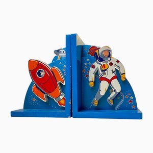 Vintage Astronaut and Rocket Bookends in Lacquered Wood, 1980s, Set of 2