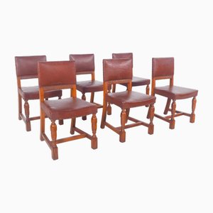 Sedie con schienale e sedile in pelle marrone, metà XIX secolo, set di 6