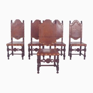 Chaises de Salle à Manger Antiques avec Assises et Dossiers en Cuir, 1890s, Set de 5