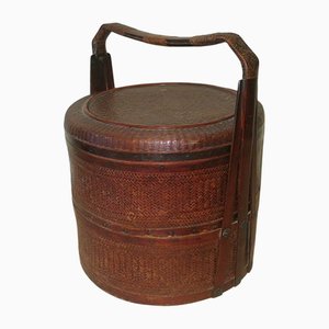 Antique Basket in Wood and Rattan with Three Sections, 1900