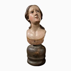 Italian Artist, Carved Polychrome Female Bust Sculpture, 1700s, Lacquered Wood