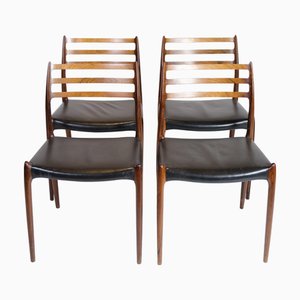 Model 78 Chairs in Rosewood and Black Leather by N. O. Møller, 1950s, Set of 4