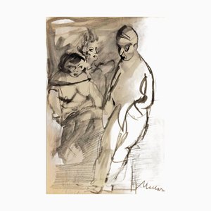Mino Maccari, Figures with Nude, Drawing on Paper, 1950s