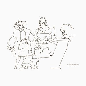 Mino Maccari, Father and Daughters, Drawing on Paper, 1940s