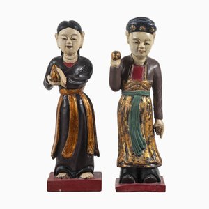 Asian Wooden Figurative Sculptures, Set of 2
