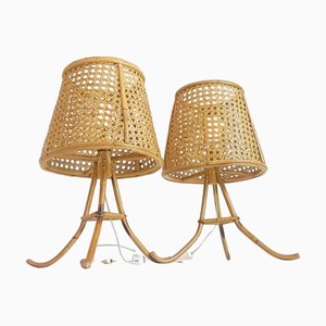 Große Mid-Century Tischlampen aus Bambus & Rohrgeflecht von Louis Sognot, 1970er, 2er Set