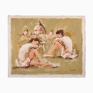 Franco Marzilli, Ballerinas with Saint Peter (Rome) on the Background, 1970s, Oil on Canvas