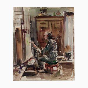 Carlo Ravagnan, The Painter Bruno Amadio in his Studio, Watercolor, 1961