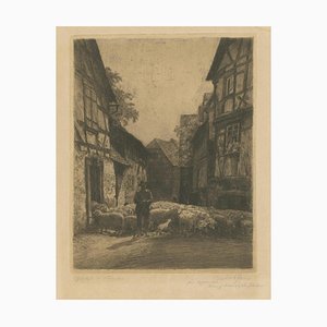 Conrad Rau, German Village, Shepherd & Flock, 1920, Etching