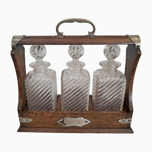 Antique Tantalus with Three Decanters in Oak and Brass, 1880, Set of 3