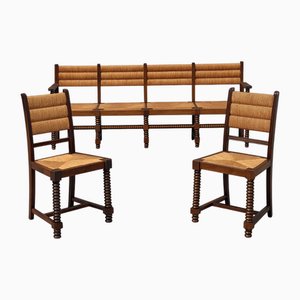 Panche e sedie in quercia e paglia, Francia, 1940, set di 3