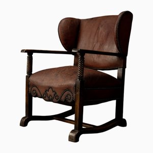 Vintage Leather Chimney Chair with Armchair in the style by Carl Friedrich Schmidt, 1920