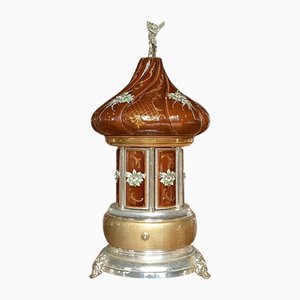 Vintage Large Italian Musical Automatic Cigar and Lipstick Carousel in Brown with Gold Elements and Floral Motif, 1990