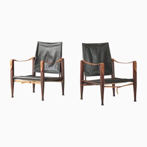 Safari Lounge Chairs in Black Leather and Ash attributed to Kaare Klint for Rud. Rasmussen, 1950s, Set of 2