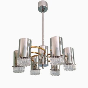 Lampadario Space in metallo cromato con sfere in ottone e vetro di Gaetano Sciolari, anni '70