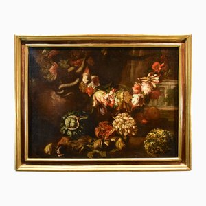Aniello Ascione, Nature Morte avec Fleurs et Fruits, 1690, Huile sur Toile, Encadrée