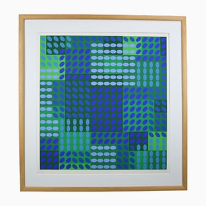 Victor Vasarely, Op Art Composition in Blue and Green, 1970, Lithograph, Framed