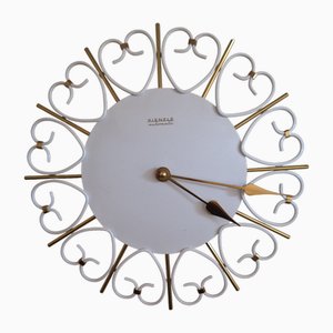 Vintage Wall Clock with White Metal Case with Brass Rays and Hands by Kienzle, 1970s