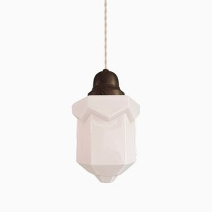 Lampada a sospensione Skyscraper Art Déco in bianco opalino, anni '20