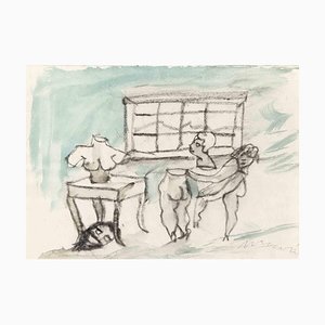 Mino Maccari, Giuditta with Nudes, Charcoal & Watercolor, 1965