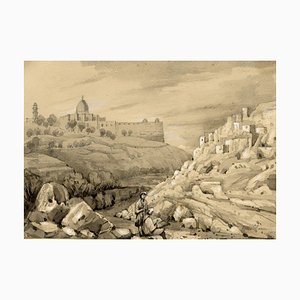Isabella Foster, Siloam, Temple Mount & Kidron Valley, Jerusalem, 1852, Graphite Drawing
