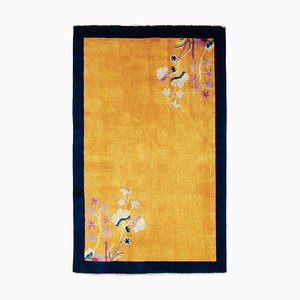 Vintage Chinese Art Deco Style Rug in Gold with Bright Floral Patterns
