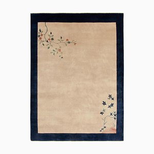 Vintage Chinese Art Deco Rug in Blue with Red Floral Pattern