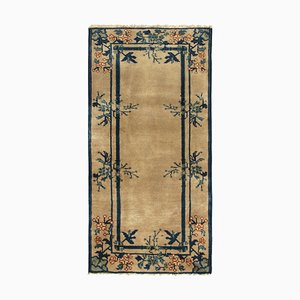 Vintage Chinese Art Deco Style Rug in Beige-Brown with Blue and Green Floral Pattern by Aeg