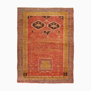 Vintage Khotan traditioneller geometrischer roter und goldgelber Wollteppich