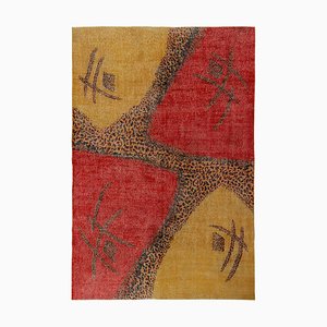 1960s Vintage Art Deco Rug in Red, Gold-Yellow Distressed Geometric Pattern