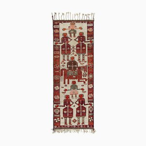 1950s Vintage Tribal Rug in Red, Off-White Background With Pictorial Patterns