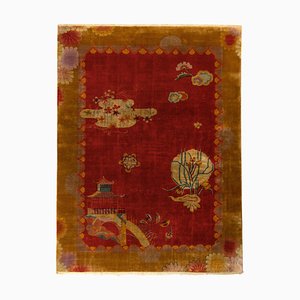 Hand-Knotted Vintage Chinese Art Deco Rug, Red and Gold Pictorial Pattern