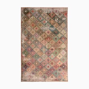 1960s Mid-Century Vintage Art Deco Rug - Multicolor Distressed Wool