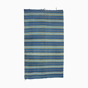 Tappeto vintage a righe Dhurrie Runner con strisce blu e dettagli dorati | Tappeto e Kilim