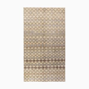 Hand-Knotted Vintage Mid Century Distressed Rug in Beige-Brown Lattice Pattern