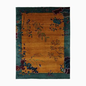 Antique Chinese Art Deco Rug in Gold and Teal With Floral Patterns by Rug & Kilim