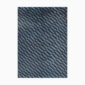 Türkischer Vintage Teppich in Blau und Schwarz mit geometrischen Mustern