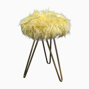 Three-Legged Stool with Brass Legs and Yellow Faux Fur, 1960s