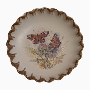 Piatto da parete vintage in ceramica color crema con farfalle colorate di Silberdistel, Germania, anni '70