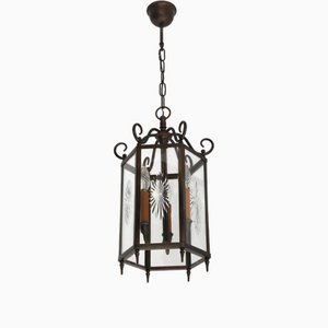 French Neoclassical Brass and Star Etched Glass Hanging Lantern, 1950s