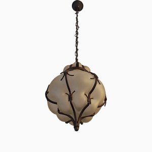 Venetian Iron and Blown Frosted Glass Hall Lantern Pendant Light, Italy, 1960s