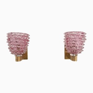 Italian Art Deco Style Brass and Pink Rostrato Murano Glass Wall Sconces, 1990s, Set of 2