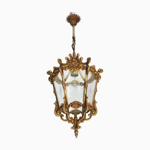 French Louis XV Style Brass and Etched Starburst Glass Lantern, 1950s