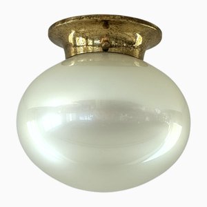 Midcentury Modern Italian Flush Mount Light with Mother of Pearl Effect Glass and Brass Base, 1970s